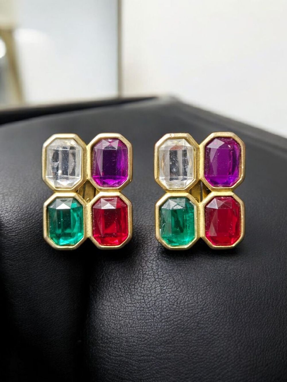 Vintage Gold Tone Multicolor Fuax Gemstone Clip Earrings  Purple Red Green Clear